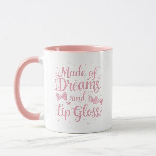 Roze strik "Dromen en lipgloss" citaat Mok (Links)