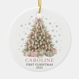 Roze strik eerste kerst foto van baby meisje keramisch ornament
