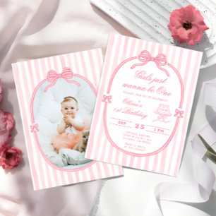 Roze strik eerste verjaardag meisje uitnodiging