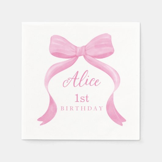 Roze strik eerste verjaardag servetten (Voorkant)