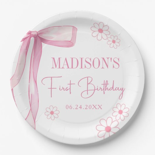 Roze strik Elegant 1e verjaardag Papieren Bordje (Voorkant)