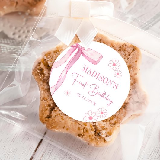 Roze strik Elegant 1e verjaardag Ronde Sticker