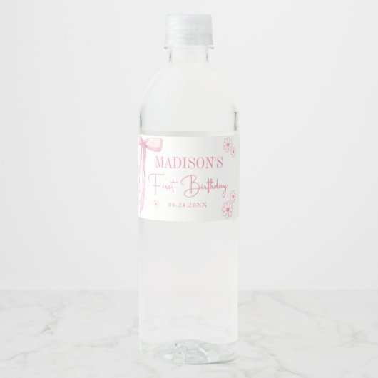 Roze strik Elegant 1e verjaardag Waterfles Etiket (Voorkant)