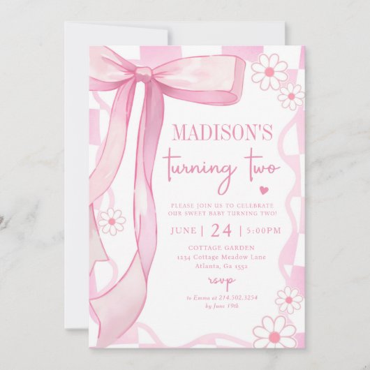 Roze strik Elegant 2e verjaardag Kaart (Voorkant)