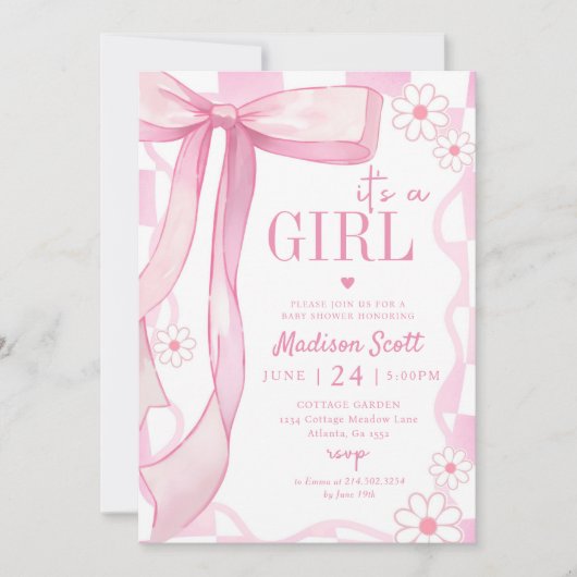 Roze strik Elegant Baby shower Kaart (Voorkant)