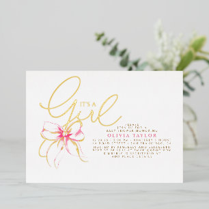 Roze Strik Elegante Moderne Meisje Baby Shower Folie Uitnodiging