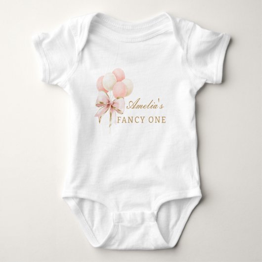 Roze strik en ballonnen 1e verjaardag meisje romper (Voorkant)