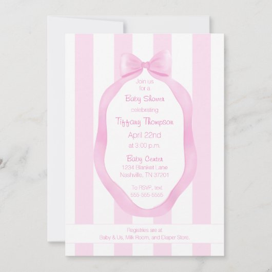 Roze strik en behang Stripes Meisje Baby shower Kaart (Voorkant)