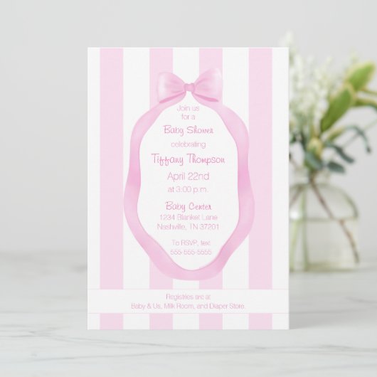 Roze strik en behang Stripes Meisje Baby shower Kaart (Staand voorkant)
