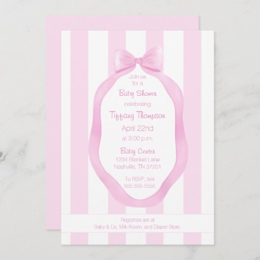 Roze strik en behang Stripes Meisje Baby shower Kaart (Voorkant / Achterkant)