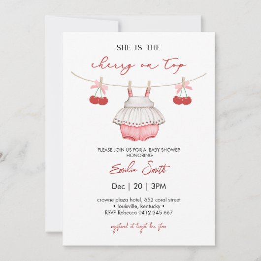 Roze strik en bessen, kersen op top Baby shower Kaart (Voorkant)