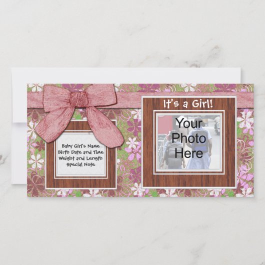 Roze strik en bloem Custom Photo Card Aankondiging (Voorkant)