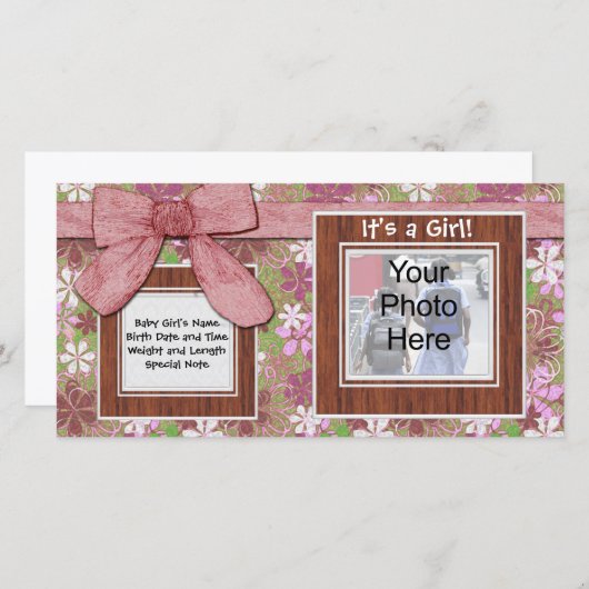 Roze strik en bloem Custom Photo Card Aankondiging (Voorkant / Achterkant)