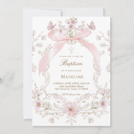 roze strik en bloemen kader Doop meisje Kaart