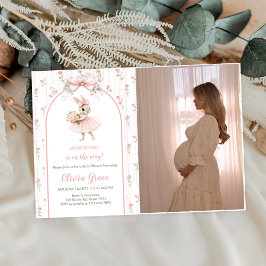 Roze Strik en Florale Konijn Baby Shower Foto Kaart
