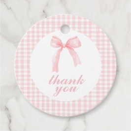 Roze strik en geruite preppy baby shower bedankjes labels