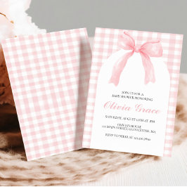 Roze strik en geruite preppy baby shower kaart