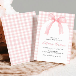 Roze strik en geruite preppy baby shower kaart