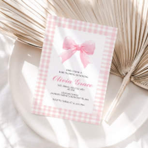 Roze strik en geruite preppy baby shower kaart