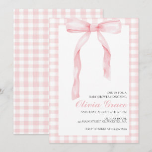 Roze strik en geruite preppy baby shower kaart