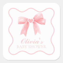 Roze strik en geruite preppy baby shower vierkante sticker