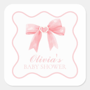 Roze strik en geruite preppy baby shower vierkante sticker