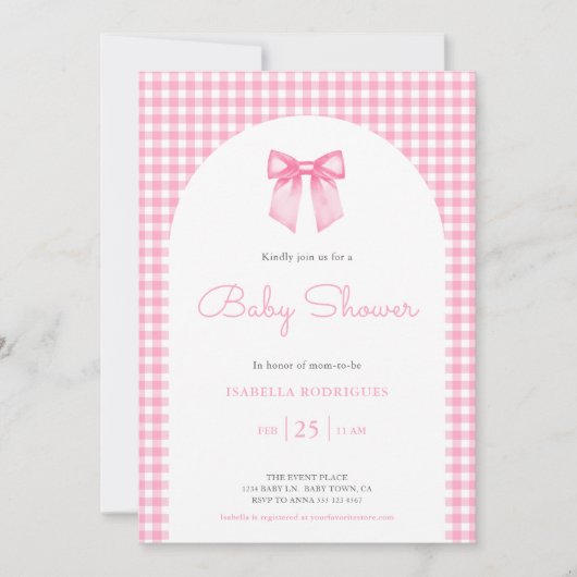 Roze Strik en Gingham Baby Shower Uitnodiging (Voorkant)