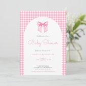 Roze Strik en Gingham Baby Shower Uitnodiging (Staand voorkant)