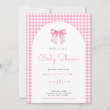 Roze Strik en Gingham Baby Shower Uitnodiging