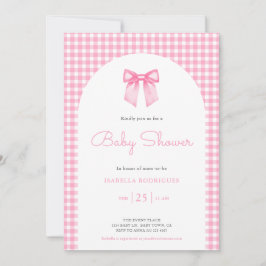 Roze Strik en Gingham Baby Shower Uitnodiging