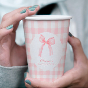 Roze strik en gingham preppy baby shower papieren bekers