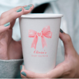 Roze strik en gingham preppy baby shower papieren bekers