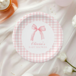 Roze strik en gingham preppy baby shower papieren bordje