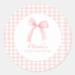 Roze strik en gingham preppy baby shower ronde sticker