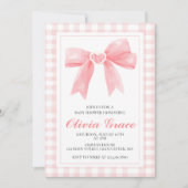 Roze strik en gingham preppy babyshower kaart (Voorkant)