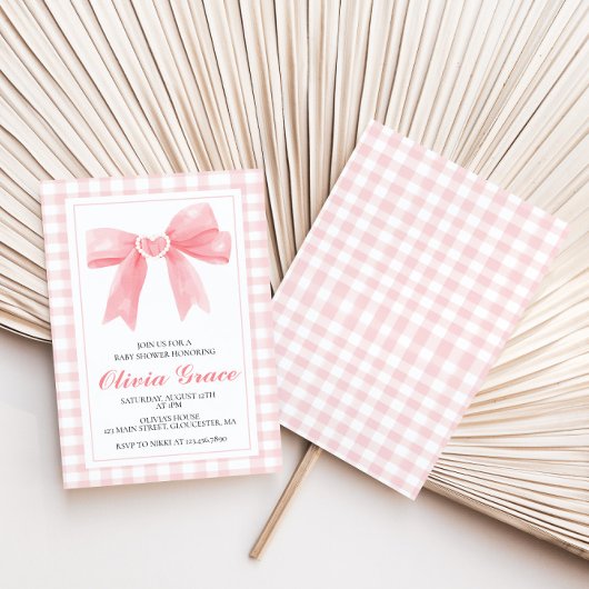 Roze strik en gingham preppy babyshower kaart