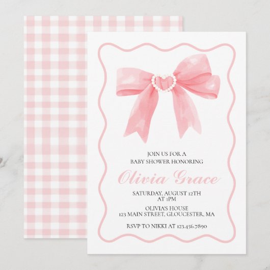 Roze strik en gingham preppy babyshower kaart (Voorkant / Achterkant)