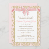 Roze strik en gouden damast doop kaart (Voorkant / Achterkant)