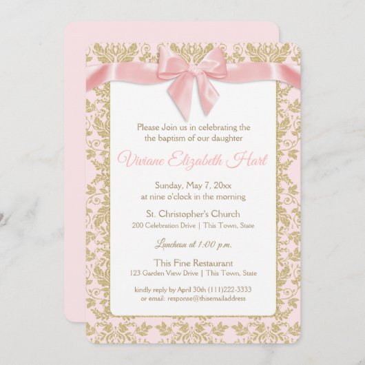 Roze strik en gouden damast doop kaart (Voorkant / Achterkant)
