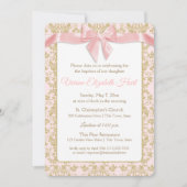 Roze strik en gouden damast doop kaart (Voorkant)