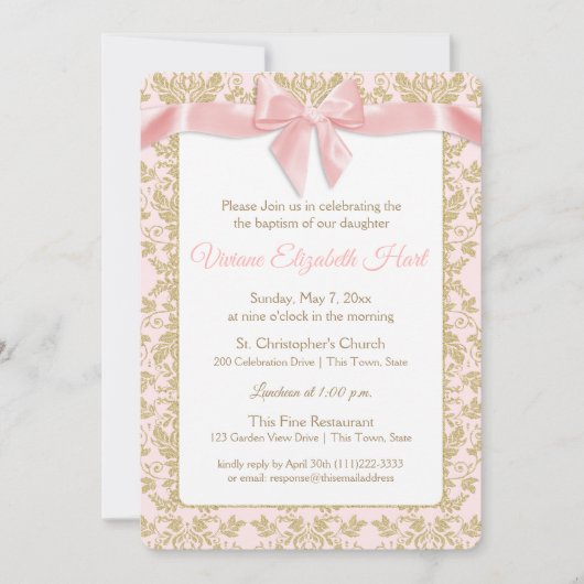 Roze strik en gouden damast doop kaart (Voorkant)