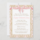 Roze strik en gouden masker eerste communie kaart (Voorkant)