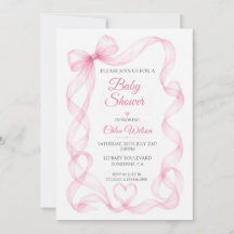 Roze Strik en Hart Baby Meisje Shower Uitnodiging