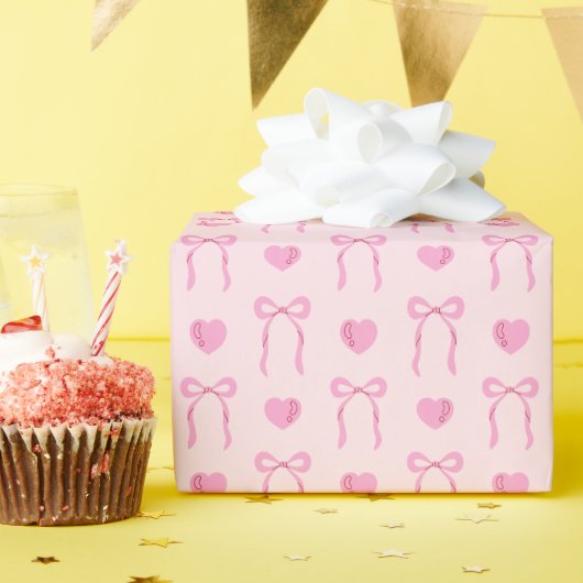 Roze Strik en Hartpatroon Inpakpapier Rol (Verjaardagsfeest)