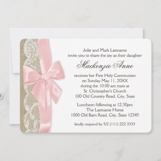 Roze strik en kant Eerste Communie Kaart (Voorkant)
