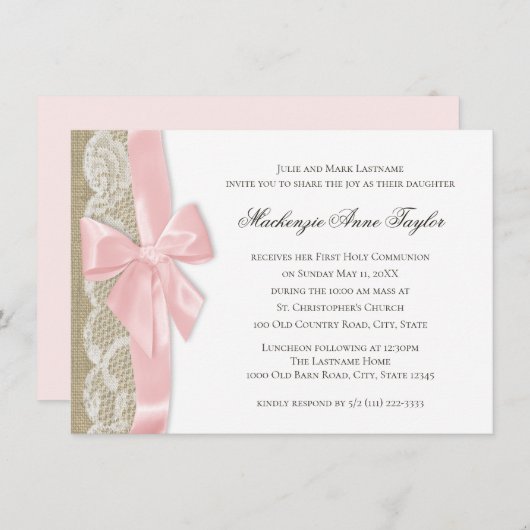 Roze strik en kant Eerste Communie Kaart (Voorkant / Achterkant)