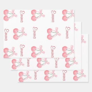 Roze strik en kersen gepersonaliseerde aangepaste  inpakpapier vel