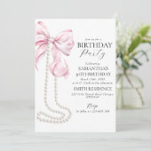 Roze strik en parels 30e verjaardag uitnodiging (Staand voorkant)
