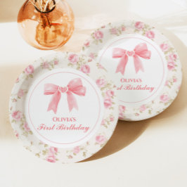 Roze strik en rozen Coquette 1e verjaardag Papieren Bordje