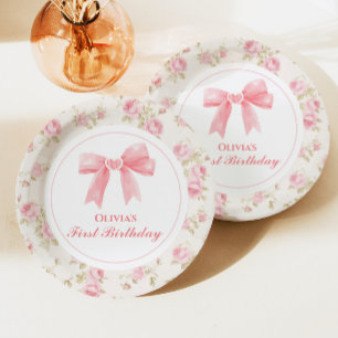 Roze strik en rozen Coquette 1e verjaardag Papieren Bordje